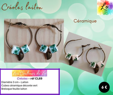 Créoles laiton 3 cm céramique décorée vert feuille métal Les Couleurs de Lo