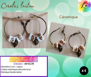 Créoles laiton 3 cm céramique décorée brun feuille métal Les Couleurs de Lo