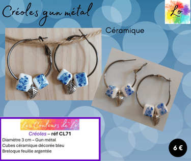 Créoles gun métal 3 cm céramique décorée bleu feuille métal Les Couleurs de Lo