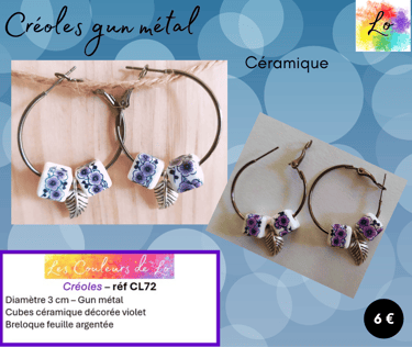 Créoles gun métal 3 cm céramique décorée violet feuille métal Les Couleurs de Lo