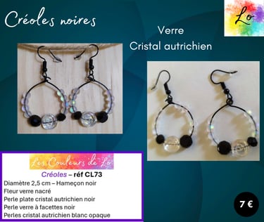 Créoles noires 2,5 cm cristal autrichien blanc verre noir Les Couleurs de Lo