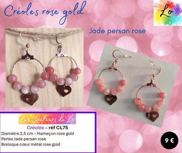 Créoles rose gold 2,5 cm Jade persan rose cœur métal Les Couleurs de Lo