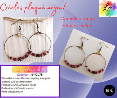 Créoles laiton 4 cm Plaqué argent Cornaline rouge Quartz melon Les Couleurs de Lo