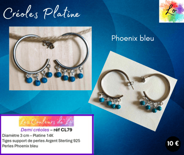Demi créoles Platine 3 cm Phoenix bleu Les Couleurs de Lo