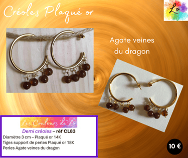 Demi créoles Plaqué or 3 cm Agate veines du dragon Les Couleurs de Lo