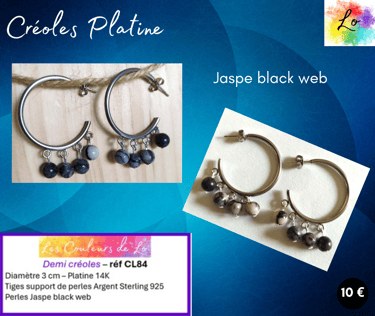 Demi créoles Platine 3 cm Jaspe black web Les Couleurs de Lo