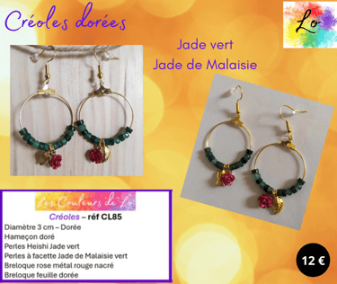 Créoles dorées 3 cm Jade vert fleur métal rouge nacré feuille dorée Les Couleurs de Lo