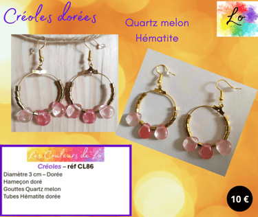Créoles dorées 3 cm Quartz melon Hématite Les Couleurs de Lo