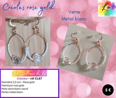 Créoles rose gold 2,5 cm verre blanc à reliefs perles métal blanc Les Couleurs de Lo