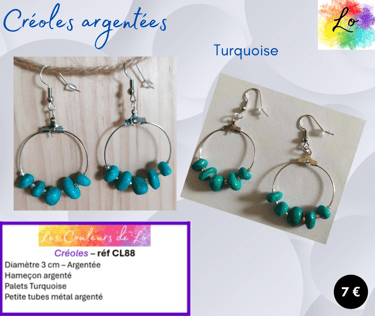 Créoles argentées 3 cm Turquoise perles métal Les Couleurs de Lo