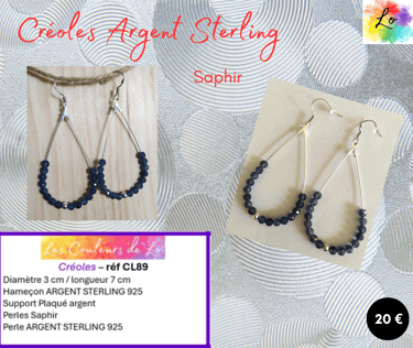 Créoles goutte Argent Sterling Saphir Les Couleurs de Lo