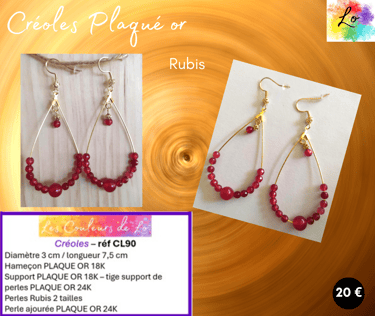 Créoles gouttes Plaqué or Rubis perle Plaqué or Les Couleurs de Lo