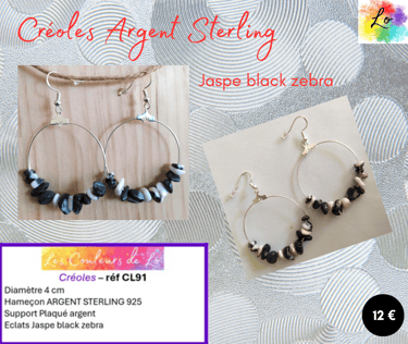 Créoles Argent Sterling Jaspe black zébra Les Couleurs de Lo