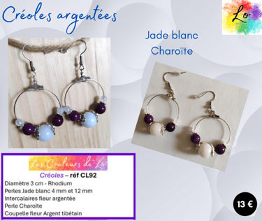 Créoles argentées Jade blanc Charoïte coupelles Argent tibétain Les Couleurs de Lo
