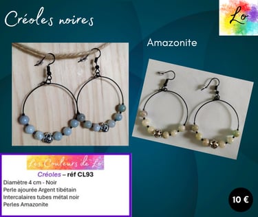 Créoles noires 4 cm Amazonite perle ajourée Argent tibétain Les Couleurs de Lo