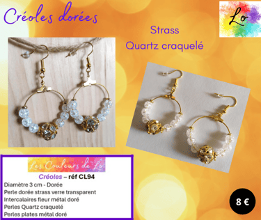 Créoles dorées 3 cm strass transparent Quartz craquelé Les Couleurs de Lo