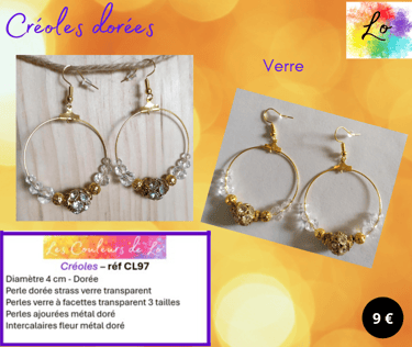 Créoles dorées 4 cm strass verre transparent verre à facettes Les Couleurs de Lo