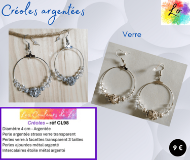 Créoles argentes 4 cm strass verre transparent verre à facettes transparent Les Couleurs de Lo
