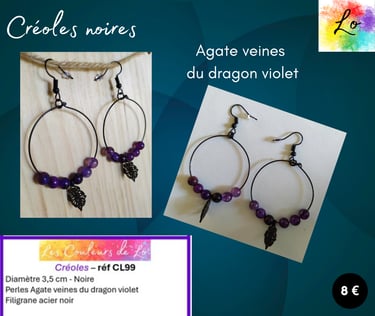 Créoles noires 3,5 cm Agate veines du dragon violet filigrane acier noir Les Couleurs de Lo