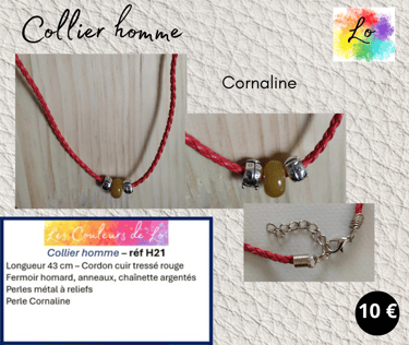 Collier cuir tressé rouge Cornaline perles métal à reliefs Les Couleurs de Lo