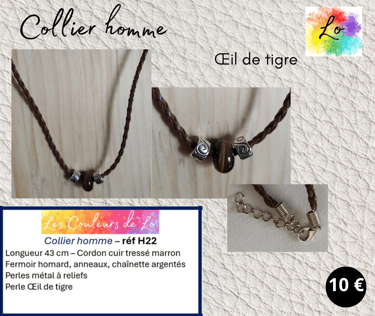 Collier cuir tressé marron Œil de tigre perles métal gravé Les Couleurs de Lo