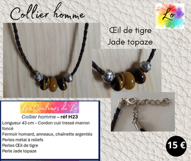 Collier cuir tressé marron Œil de tigre Jade topaze perles métal à reliefs Les Couleurs de Lo