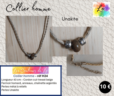 Collier cuir tressé beige Unakite Les Colliers de Lo