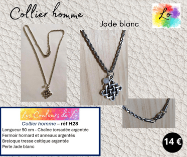 Collier argenté tresse celtique métal Jade blanc Les Couleurs de Lo