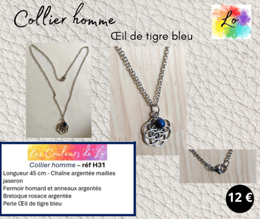 Collier argenté rosace Œil de tigre bleu Les Couleurs de Lo