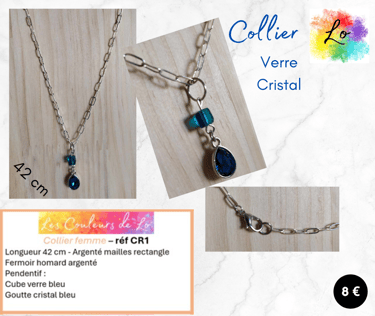 Collier argenté goutte cristal bleu verre bleu Les Couleurs de Lo