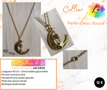 Collier doré pendentif lune métal perle d'eau douce étoile acier Les Couleurs de Lo