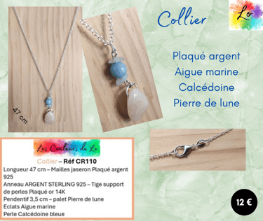 Collier Plaqué argent Aigue marine Calcédoine Pierre de lune Les Couleurs de Lo