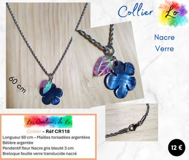 Collier argenté fleur Nacre gris bleuté feuille verre nacré Les Couleurs de Lo