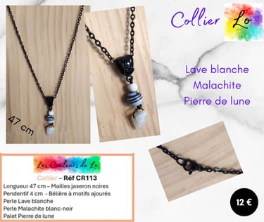 Collier noir pendentif Lave blanche Malachite Pierre de lune Les Couleurs de Lo