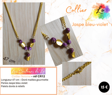 Collier doré Jaspe bleu-violet perle métal Les Couleurs de Lo