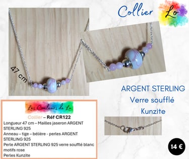 Collier Argent 925 perles 925 verre soufflé blanc-rose Kunzite Les Couleurs de Lo