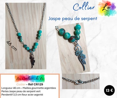 Collier argenté Jaspe peau de serpent vert pendentif fleurs Les Couleurs de Lo