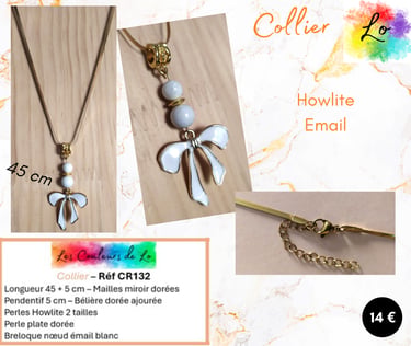 Collier doré Howlite nœud émail blanc Les Couleurs de Lo