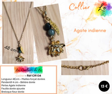 Collier doré Agate indienne feuille dorée fleur dorée Les Couleurs de Lo