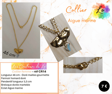Collier doré ovale métal martelé Aigue marine Les Couleurs de Lo