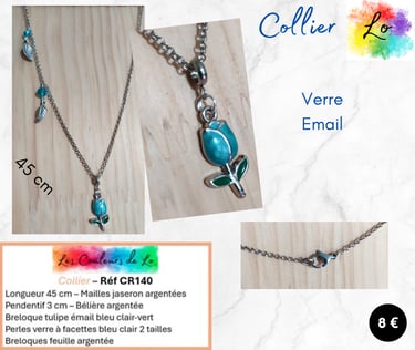 Collier argenté tulipe émail bleu clair verre bleu clair feuilles argentées Les Couleurs de Lo