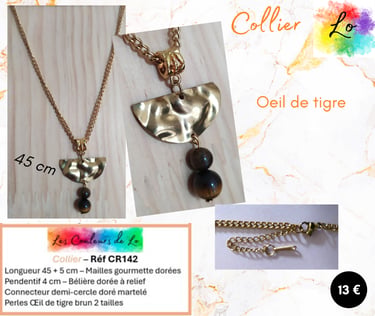 Collier doré connecteur martelé Oeil de tigre Les Couleurs de Lo