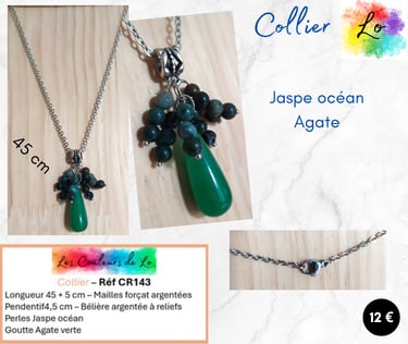 Collier argenté Jaspe océan Agate verte Les Couleurs de Lo