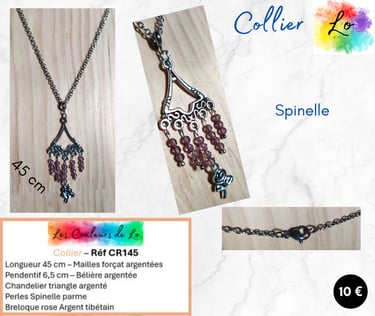 Collier argenté chandelier triangle Spinelle parme fleur Argent tibétain Les Couleurs de Lo