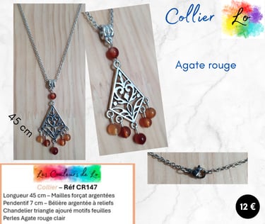 Collier argenté chandelier losange Agate rouge clair Les Couleurs de Lo