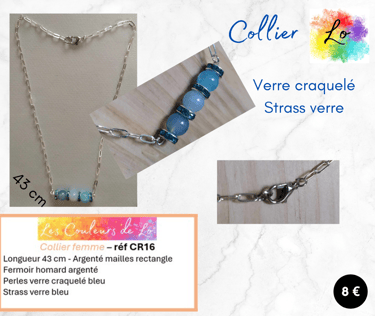 Collier argenté verre craquelé bleu strass verre bleu Les Couleurs de Lo