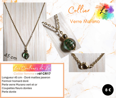 Collier doré verre Murano vert-or perle métal Les Couleurs de Lo