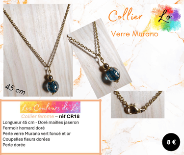 Collier doré verre Murano vert foncé-doré perle métal Les Couleurs de Lo