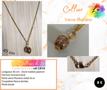 Collier doré anneau métal martelé verre Murano violet-doré Les Couleurs de Lo