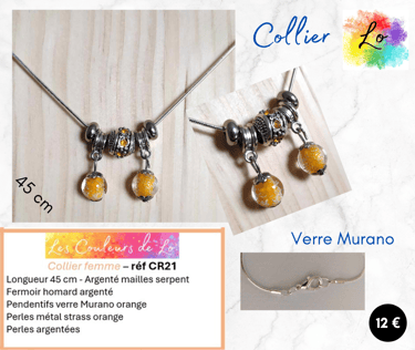Collier argenté pendentif verre Murano orange perles acier strass orange Les Couleurs de Lo